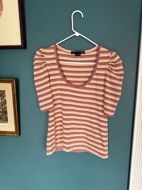 Veronica Beard Cream and Pink Striped Puff Sleeve Tee 264